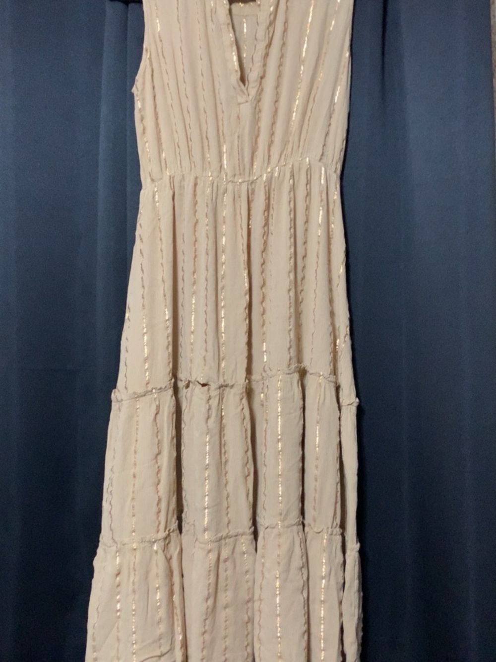 Sleeveless Cream Maxi Dress with Gold Stripe Detail
